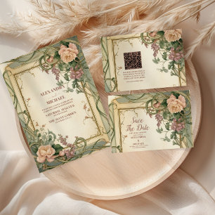 Photo Art nouveau Elegant Botanical Bröllop Tack Kort