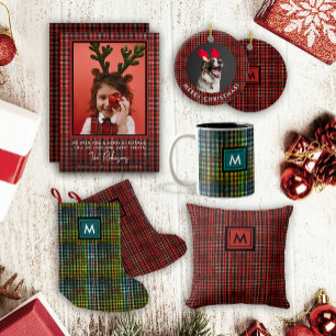 Cool grön tartan gingham mönster svart monogram liten julstrumpa