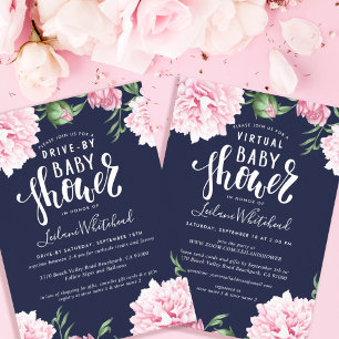 Baby Shower Watercolor Rosa Peony Blommigt Navy Inbjudningar