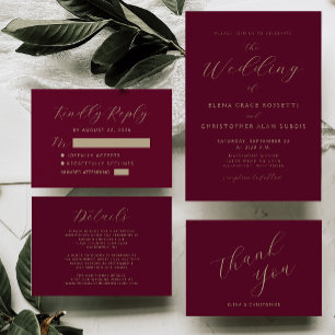 Burgundy Guld Calligraphy Bröllop Tack Kort