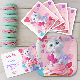 Cute Girly Roligt White Kitten Cupaka Födelsedagsf Pappersservett