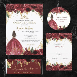 Burgundy Guld Blommigt Butterfly Quinceañera Quinc Inbjudningar