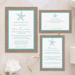 Turcos Starfish Burlap Beach WedCollection Collect Inbjudningar