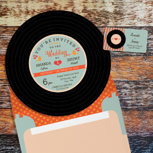Modern Retro Vinyl Record Orange Himlar Blue Bröll Inbjudningar