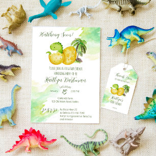 Kläckande snart vattenfärgsfärgad grönt baby dinos inbjudningar
