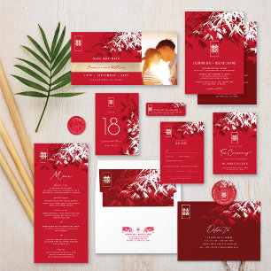 Red/White Zen Bamboo Löv Chinese Tea Ceremony Tilläggskort