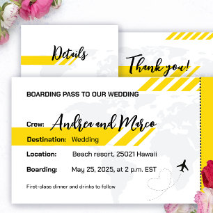 Inbjudan till gult Beach Boarding Pass Wedding