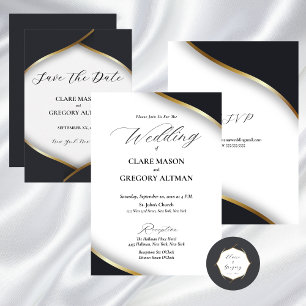 Elegant Black White Guld Bröllop Runt Klistermärke