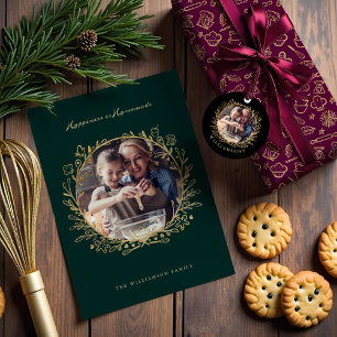 Familjejulrececipe Guld & Burgundy Photo Helgkort