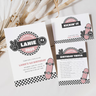 Flickor med skateboard Groovy Hippie Birthday Inbjudningar