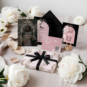 Elegant Rosa Blommigt Måne Stars Tiara Quinceañera OSA Kort