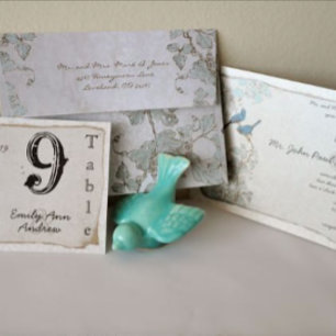 Vintage Cherry Blommar Chickadee Damask Wedding Inbjudningar
