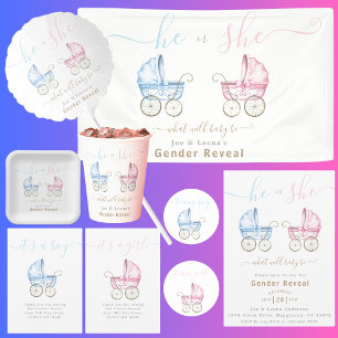 Han eller hon Rosa & Blue Barnvagn Gender Reveal P Inbjudningar