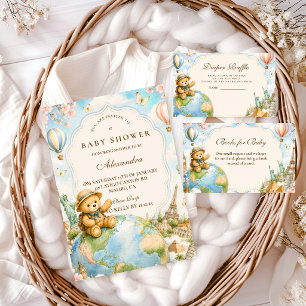 Whimsical Teddy Bear Resa Bebis Shower Inbjudningar