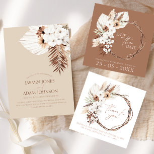 Boho Brown Pampas Grass Orchid Bröllop Inbjudningar