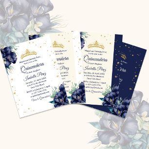 Marinblå Blommig och Guld Tiara Quinceanera Inbjudningar