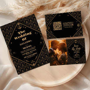 Photo Black Guld Geometric Art Deco Bröllop Spara Datumet