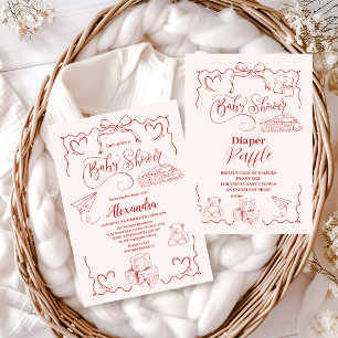 Rosa Doodle Leksak Bow Baby Shower Inbjudningar