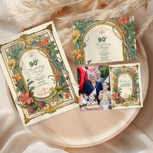 Vintage Blommigt Art nouveau 90:e födelsedag Inbjudningar