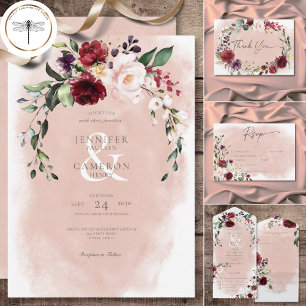 Rustic Burgundy &  Rosa ros Bröllop Tack Kort