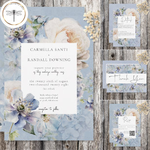 Rustic Romantic Dusty Blue & White Blommigt Bröllo Tack Kort