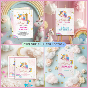 Whimissisk rosa Rainbow Unicorn 1 Birthday party Tack Kort