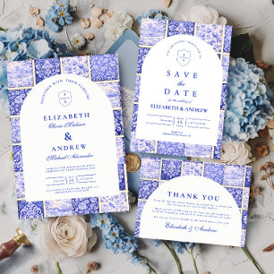 Delft Blått Patchwork Porslinsbröllop Tack Kort