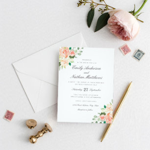 Bröllbjudan till Peach  Watercolor Blommigt-bröllo Inbjudningar