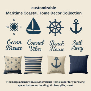 Bold Stripe Navy Blue and Beige Coastal Decor Kudde