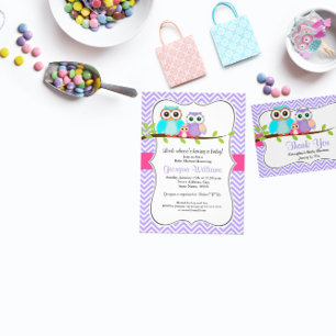 Cute Uggla Girl Baby Shower-inbjudan Rosa & Lila Inbjudningar