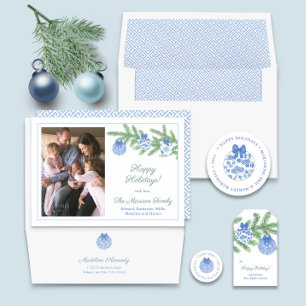 Foto på ornament av tidrapport Blue and White Ging Julkort