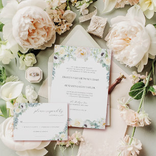 Elegant vit blomsterkatolsk bröllopsfest med svars inbjudningar