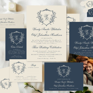 Vintage Blommigt Vapensköld Cream & Navy Monogram  Inbjudningar