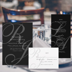 Romantic Black and White Monogram Bröllop Menu Meny