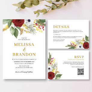 Elegant Red Guld Blommigt Monogram QR-kod Bröllop OSA Kort