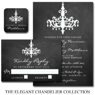 Elegant Chandelier Chalkboard Bröllop Collection Inbjudningar