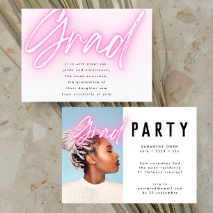 Rosa Neon Elegant Ombre Grad Photo Party Inbjudningar