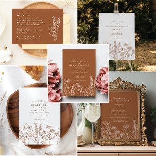 Boho Wildbloms inbjudan till Oliv grönt bröllop