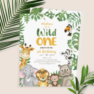 Vild 1 Safari Jungle First Birthday Gult Inbjudningar