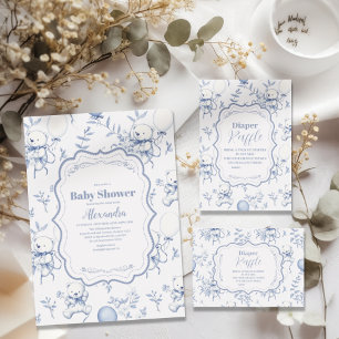 Toile De Jouy Bow Bear Baby Shower Inbjudningar