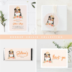 Watercolor Gräns Collie Peach Flowers Birthday Tack Kort