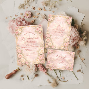 Mjuk Rosa Rosenträdgård Quinceañera Inbjudningar