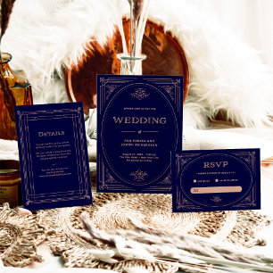 Modern Deco   Faux Ro Guld och Navy Blue Bröllop OSA Kort
