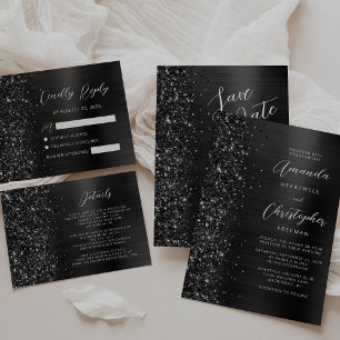 Glam Black Brushed Metall Glitter Skript Bröllop Inbjudningar