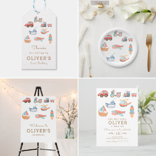 Cute Watercolor Transport Boy Födelsedagsfest Vattenflaskor Etikett