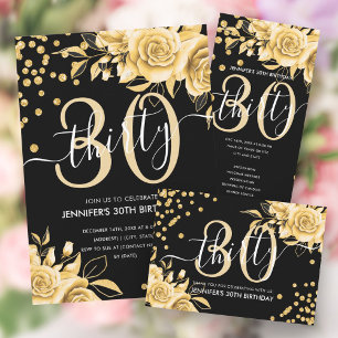 Glam Guld Blommigt Glitter 30års födelsedag Black Tack Kort