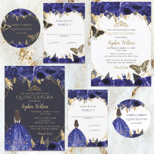 Royal Blue Guld Blommigt Butterfly Quinceañera Inbjudningar