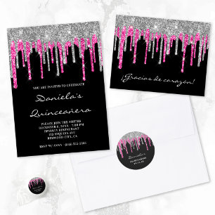 Silver Hot Pink Glitterdroppar Svart Quinceañera Pappersservett