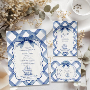 Chic Nautical Navy Blue Bow Bröllop OSA Kort