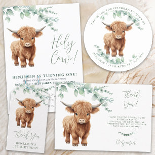 Heliga Cow Boho Greenery Highland Cow 1:a födelsed Inbjudningar